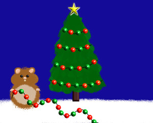 Fototapeta premium Cute cartoon hamster decorating a Christmas tree