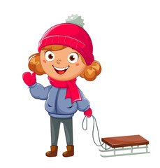 Kid with sled. Cute girl cartoon character - 463501173