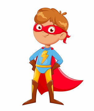 Boy in superhero costume. Cheerful little boy
