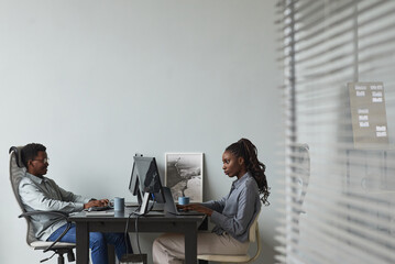 Wide angle minimal portrait of two African-American young people using computers while working in office on software development, copy space