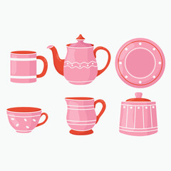 Set of ceramic dishes, vector set of pink tableware with a pattern. On white background.