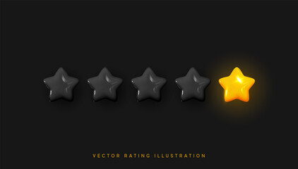 Five stars, glossy black and yellow colors. Customer rating feedback concept from the client about employee of website. Realistic 3d design of the object. For mobile applications. Vector illustration