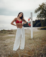 Pretty Icelandic bikini model at beach in denmark, beautiful woman, swimwear fashion