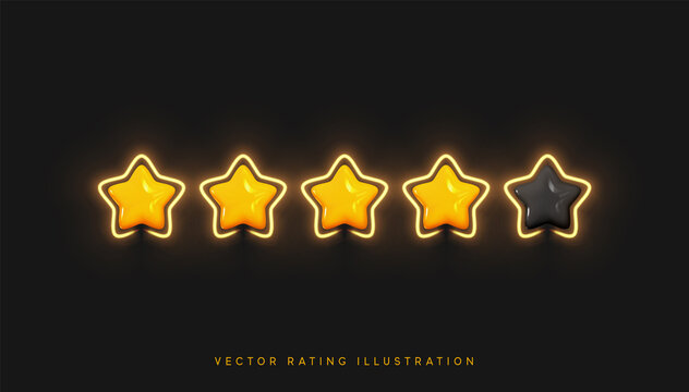 Five stars, glossy yellow and black colors. Customer rating feedback concept from the client about employee of website. Realistic 3d design of the object. For mobile applications. Vector illustration