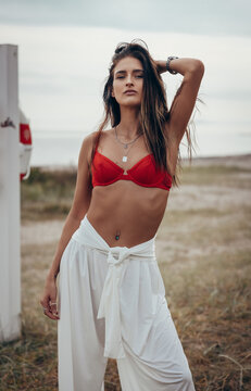 Pretty Icelandic bikini model at beach in denmark, beautiful woman, swimwear fashion