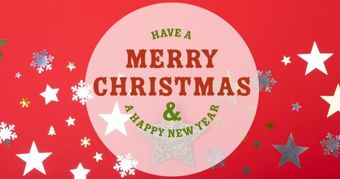 Animation of have a mery christmas and happy new year text over stars on red background