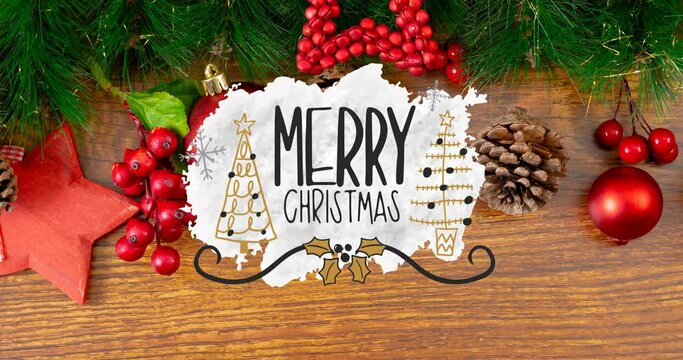 Animation of merry christmas text and decorations on wooden background
