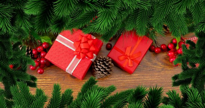 Animation of christmas fir tree frame over presents on wooden background
