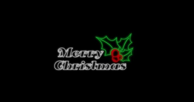 Animation of neon merry christmas and holy on black background