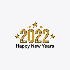 Happy New Year 2022. Vector holiday illustration with 2022 logo text design, sparkling confetti and shining golden stars on white background.