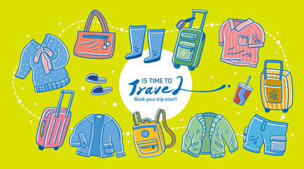 Travel clothing elements collection, vector illustration, clothes, pants, travel suitcase, shoes, backpack