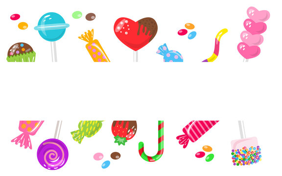 Candy frame template sweets, marshmallow, hard candy on stick, macaroon, jelly worm, chocolate heart, strawberry. Decor for candys shop banner. Bonbon for cafe and restaurant menu. Vector illustration