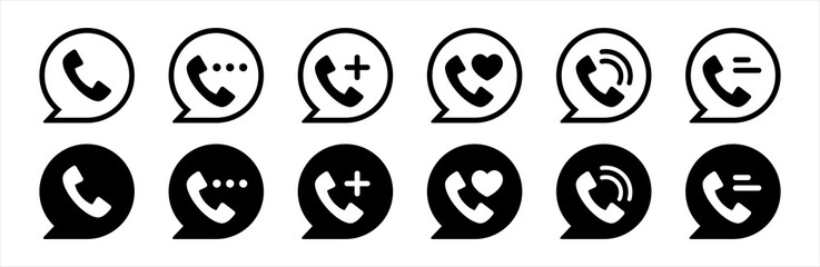 Phone icon set, Call center icons set. Incoming, outgoing, missed, waiting call phone icon. Answer and decline phone call buttons. Vector illustration.