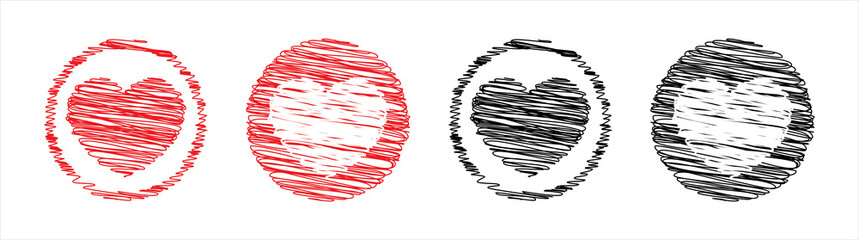 Set of hearts icon, heart drawn hand, Red heart icons set vector illustration.