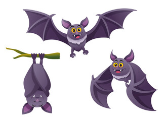 Set of cute bat in various poses cartoon illustration - obrazy, fototapety, plakaty