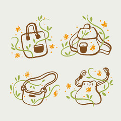 Vector illustration of various bags combined with flowers. icon design