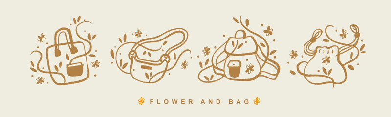 Vector illustration of various bags combined with flowers. icon design