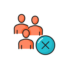 Rejection and decline mark, people and no sign isolated color line icon. Vector no hiring sign, rejection to hire. Business team, wrong answer, disagreement and negative opinion, cancellation mark