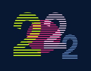 Happy New Year 2022 with colorful stripes. Multicolor minimal design with green, purple, pink, and blue. Trendy vector for branding, cover, card, banner, calendar, book, pamphlet.