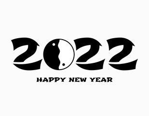 New Year 2022 logo design with Yin and Yang. Vector illustration of 2022 in black color. Vector design in Asian or oriental style for greeting card, artwork, brochure template, calendar, banner.