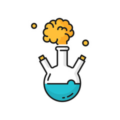 Beaker with smoke laboratory glassware, chemical beaker with flame isolated line icon. Vector medical glassware, scientific research laboratory flask. Experiments in biochemistry chemistry, genetics