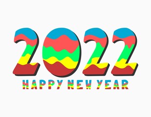 Happy New Year 2022 on colorful abstract colors. 2022 with a wavy paper cut of blue, pink, green, yellow, and brown. Multicolor design for calendar, poster, card, brochure, cover, book.