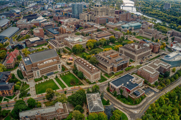 Aerial View of a large public University in Minneapolis, Minnesota during Autumn