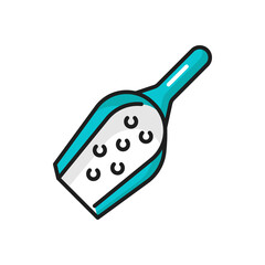 Cat litter scoop, pets and animals toilet hygiene accessory isolated outline icon. Vector cats care and toilet hygiene cleaning item, urine and poop litter scoop, domestic pets health, toilet cleaner