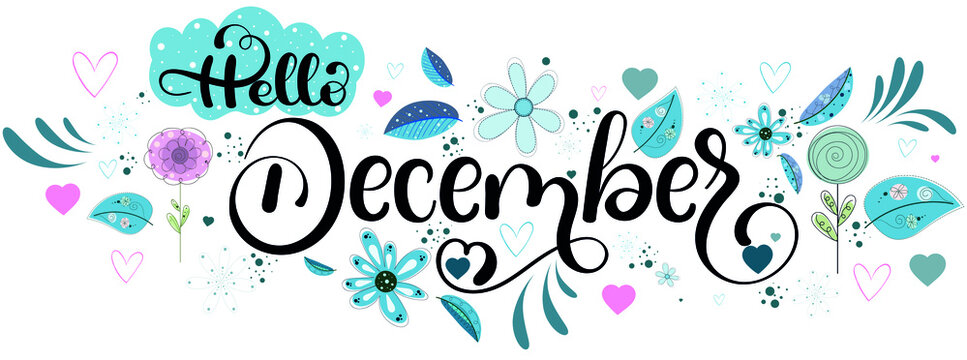"December" holidays month text creative with gifts flowers and leaves. Decoration text floral. Decoration letters, Illustration December. Christmas	
