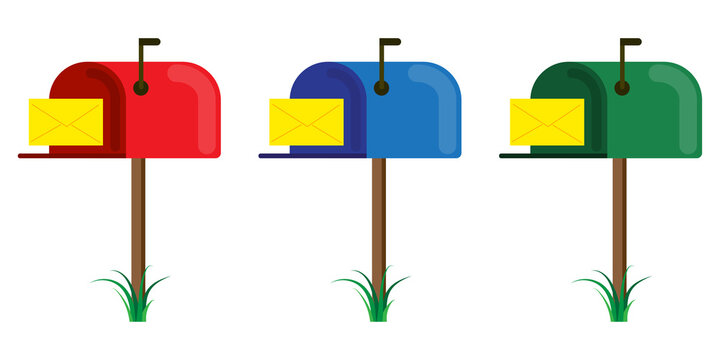 Colored mailbox icon set. Red, blue, green signs. Communication background. Flat style. Vector illustration. Stock image. 