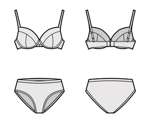 Set of lingerie - bra full cup and high-cup briefs panties technical fashion illustration with adjustable straps. Flat brassiere template front back, grey color. Women men unisex underwear CAD mockup