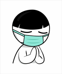 Cute cartoon greeting thank you wearing mask for protect coronavirus and epidemic