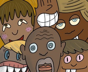 close up faces of many people..doodle illustration