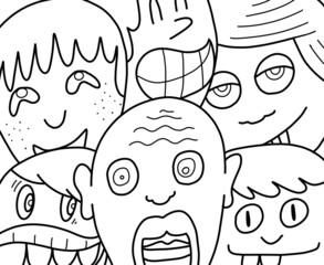 close up faces of many people..doodle illustration