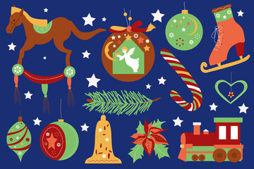 Naklejka premium a set of Christmas decorations balls , skates . horse , train , fir branch , angel , branch . New Year 's toys in the flat style . hand - drawn . blue background . blank for the design . 