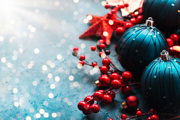 Blue Christmas or New Year background with blue Christmas balls, red berries and stars, top view,...