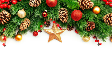 Christmas and New Year background with green spruce branches, cones, balls, star and red berries, white banner, top view, copy space