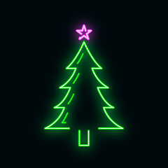 Concept happy new year, merry christmas tree icon, neon glow xmas label holiday winter time flat vector illustration, isolated on white.