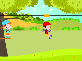 Outdoors game vector concept. Two cute kids sliding on zip line while playing together in the playground