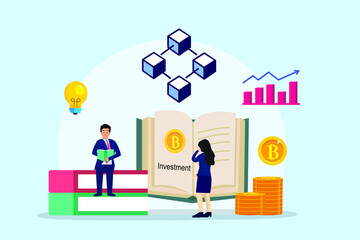 Two people learning bitcoin investment while reading a book with growth finance chart and light bulb