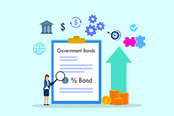 Government bonds vector concept. Businesswoman using a magnifier to looking at government bonds form while standing with growth finance graph