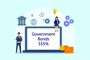 Government bonds vector concept. Two business people showing government bonds text on the laptop screen while working together