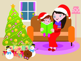 Christmas vector concept. Happy mother reading a book to her daughter while sitting on the sofa near the Christmas tree at home