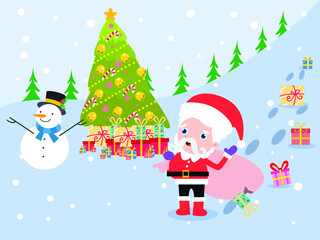 Christmas vector concept. Santa claus walking on the snowy park with broken bag while delivering Christmas presents