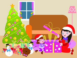 Obraz na płótnie Canvas Christmas vector concept. Happy little girl opening a shining Christmas gift with her mother while sitting near the Christmas tree in the living room