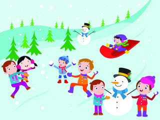 Winter vector concept. Crowded kids having fun at snowy park while enjoying leisure time together