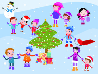 Winter vector concept. Crowded people having fun at the snowy park while enjoying leisure time together at winter holiday