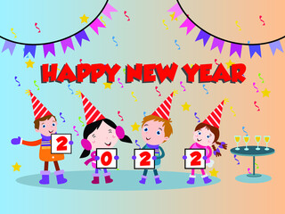 New year vector concept. Group of children holding 2022 numbers while standing under falling confetti with happy new year text