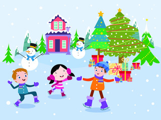 Christmas day vector concept. Group of happy kids dancing together under snowfall while enjoying winter holiday