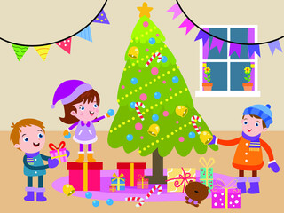 Christmas vector concept. Group of happy kids decorating a Christmas tree together while enjoying leisure time at home
